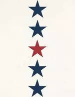 Five stars in a vertical line (blue, blue, red, blue, blue) against a light background.