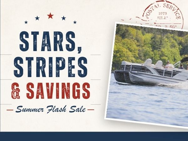 Stars, Stripes & Savings: Summer Flash Sale with patriotic fonts and a photo of a boats on water.
