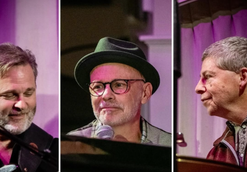 A triptych of performers: a guitarist singing, a man in a fedora wearing glasses at a mic, and an older musician onstage.