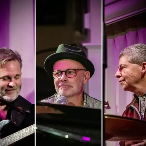 A triptych of performers: a guitarist singing, a man in a fedora wearing glasses at a mic, and an older musician onstage.