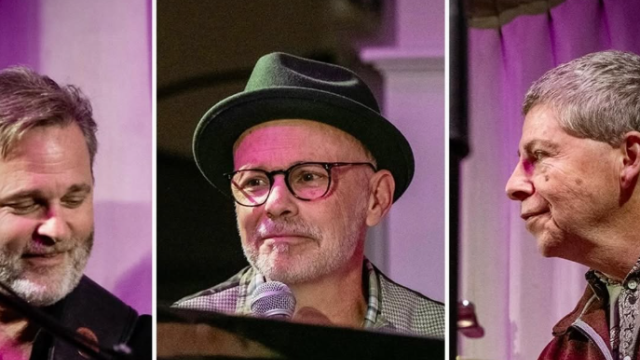 A triptych of performers: a guitarist singing, a man in a fedora wearing glasses at a mic, and an older musician onstage.