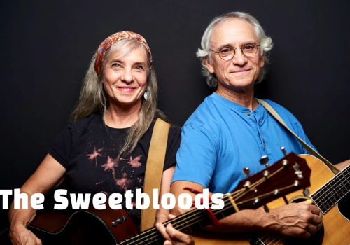 A duo holding guitars on a dark background, labeled &ldquo;The Sweetbloods,&rdquo; with two older musicians posing for a promo photo.