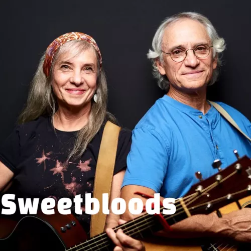 A duo holding guitars on a dark background, labeled &ldquo;The Sweetbloods,&rdquo; with two older musicians posing for a promo photo.