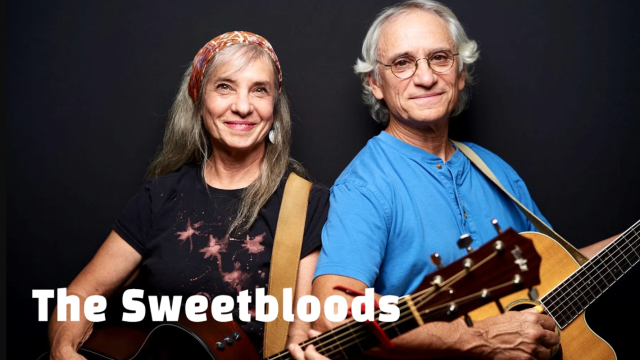 A duo holding guitars on a dark background, labeled &ldquo;The Sweetbloods,&rdquo; with two older musicians posing for a promo photo.