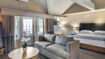 A modern hotel suite with a vaulted ceiling, a gray sofa, a wooden coffee table with a flower vase, a round rug, and a plush king bed in a light-filled room.