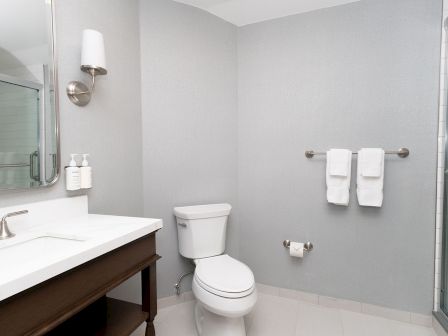 A modern bathroom with a white toilet, double sink vanity, wall mirror, towel rack with two towels, and a glass shower enclosure.