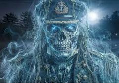 A blue, glowing skeletal warrior in samurai-style armor and a hooded crown, with misty smoke around its face, emerging from darkness.