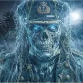 A blue, glowing skeletal warrior in samurai-style armor and a hooded crown, with misty smoke around its face, emerging from darkness.