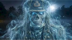 A blue, glowing skeletal warrior in samurai-style armor and a hooded crown, with misty smoke around its face, emerging from darkness.