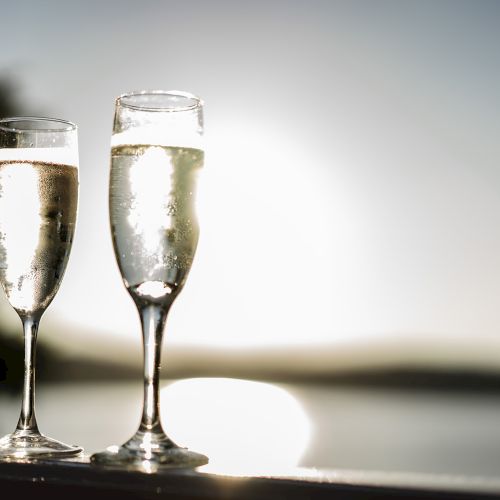 Two champagne flutes clink on a sunny edge, reflecting light by the water.