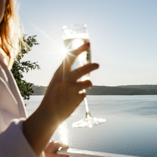 A person holding a champagne glass up with sunlight glinting off the water in the background, festive outdoor scene on a lake.