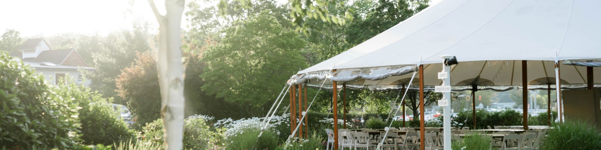 A garden scene featuring a white tent surrounded by lush greenery and flowers, with sunlight shining through the trees, creating a serene atmosphere.