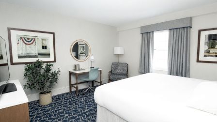 A hotel room with two white beds, blue carpet, a desk with a mirror, a chair, a potted plant, framed art, and gray curtains by a window.