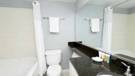 A modern bathroom with a bathtub and shower, toilet, and a black granite countertop sink, towels on racks, and a large mirror.