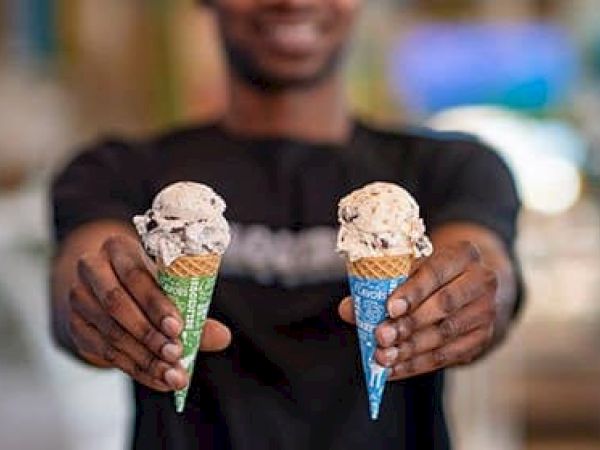A person is holding two ice cream cones with scoops of ice cream, extending them towards the camera, with a blurred background.