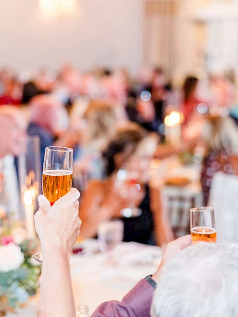 People at a social gathering or celebration, raising glasses in a toast with candles and decorations in the background.