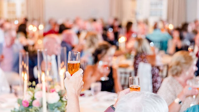 People at a social gathering or celebration, raising glasses in a toast with candles and decorations in the background.