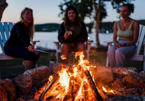 Three friends sit around a glowing campfire by the water, toasting marshmallows as dusk settles and the night approaches.