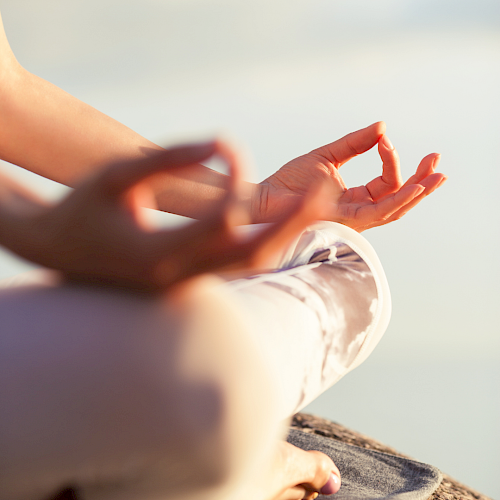 People meditating outdoors, hands resting in a mudra on a yoga mat, a calm, scenic backdrop and soft natural light.