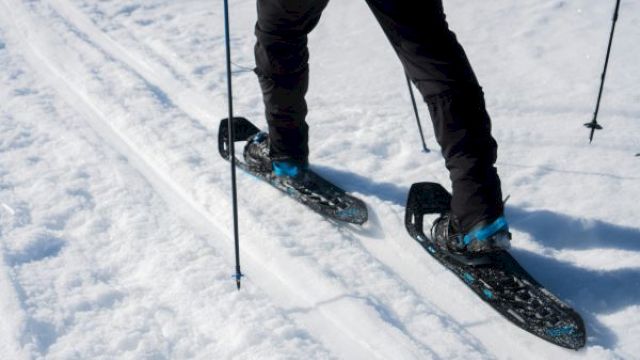 A person walking in snow wearing snowshoes, using poles for support, creating tracks in the snow.