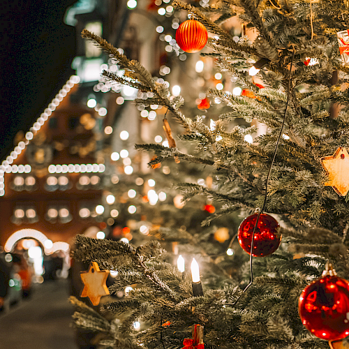 A warmly lit Christmas tree with red and gold ornaments and twinkling lights in a festive, cozy night scene.