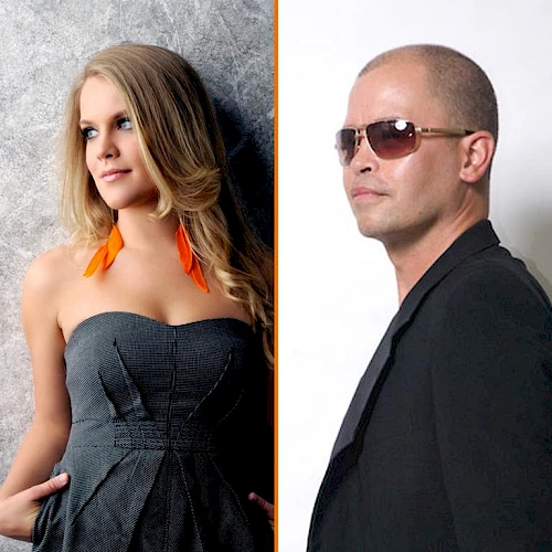 The image shows a split view of two people: a woman in a gray dress with orange earrings and a man in sunglasses and a black jacket.