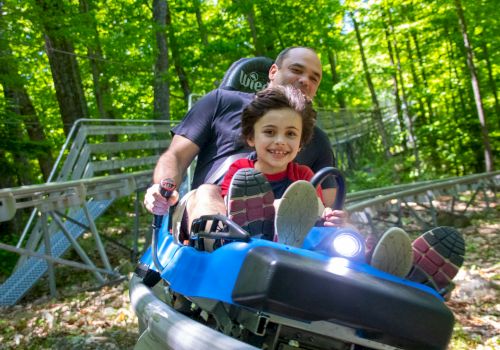 A smiling child rides a blue alpine coaster cart with a man behind him, zooming through a leafy forest trail. Adventure fun in the woods.