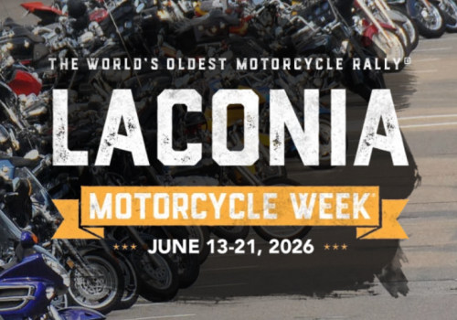 A promotional banner for Laconia Motorcycle Week 2026, showcasing lined-up motorcycles and bold text across the image.