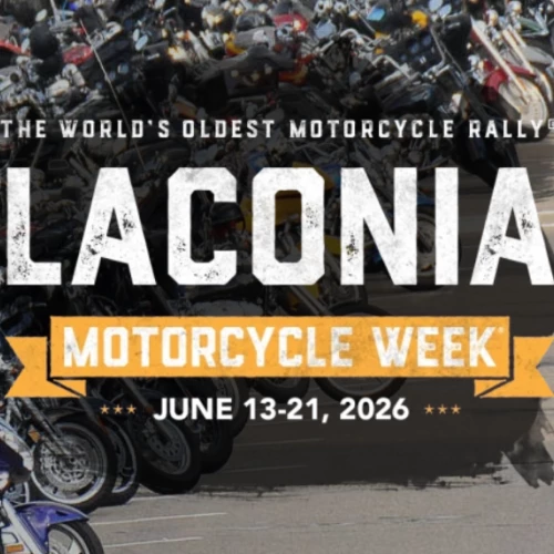 A promotional banner for Laconia Motorcycle Week 2026, showcasing lined-up motorcycles and bold text across the image.