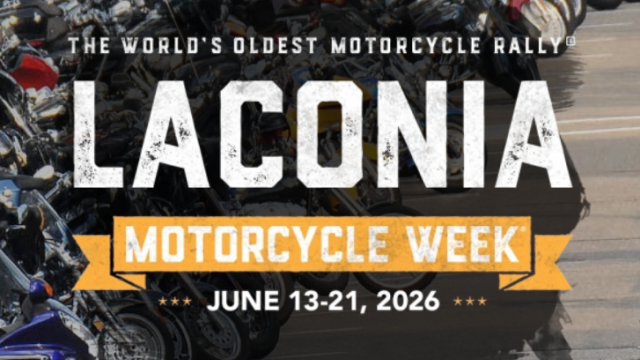 A promotional banner for Laconia Motorcycle Week 2026, showcasing lined-up motorcycles and bold text across the image.