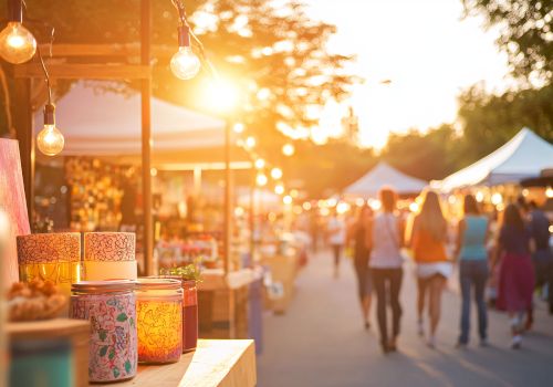 A vibrant outdoor market with decorated stalls and people walking by under warm, glowing lights at sunset.