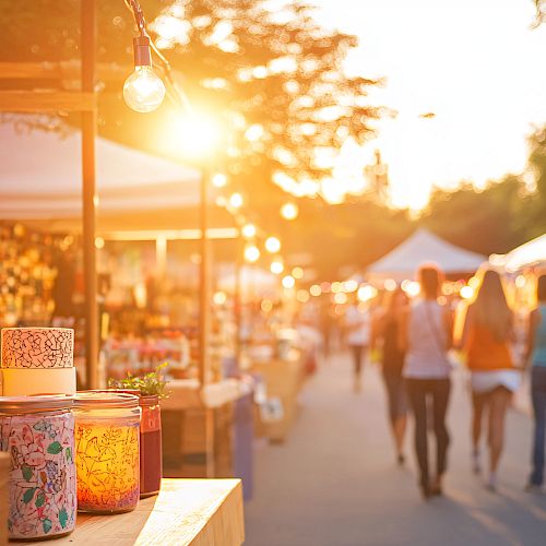 A vibrant outdoor market with decorated stalls and people walking by under warm, glowing lights at sunset.