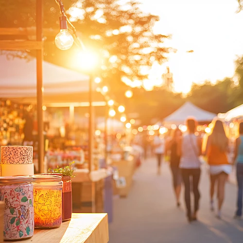 A vibrant outdoor market with decorated stalls and people walking by under warm, glowing lights at sunset.