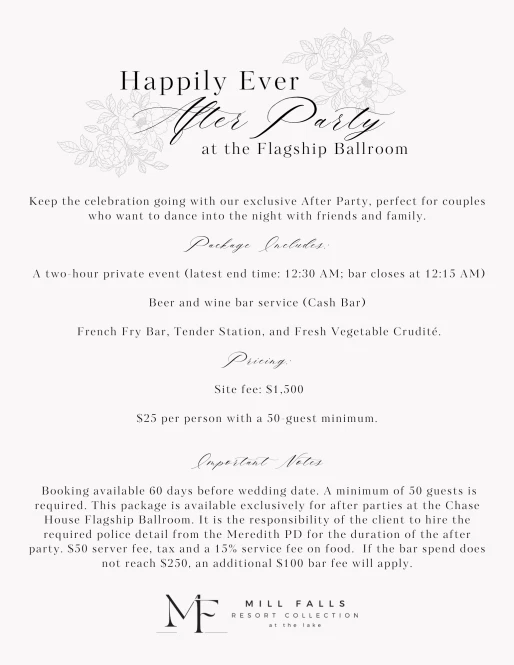 Invitation to an "After Party" at Flagship Ballroom with snacks and drinks, priced at $1,500 and $25 per person with a 50-guest minimum.