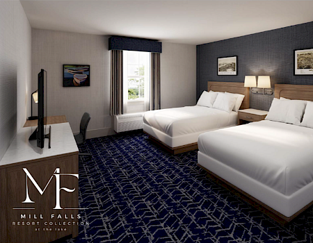 A hotel room with two double beds, a desk and chair, a wall TV, blue patterned carpet, a window, and bedside lamps; logo for Mill Falls Resort appears in the corner.