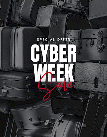 Stacks of suitcases with the text "Special Offer Cyber Week Sale" prominently displayed in the center.
