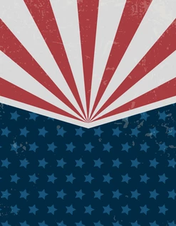 A stylized red and white sunburst above a dark blue field with lighter blue stars, creating a patriotic, vintage poster vibe.