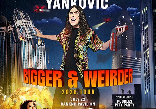 A poster for the &ldquo;Bigger & Weirder&rdquo; 2026 tour featuring Weird Al Yankovic, with bold text, city visuals, and a performer image on stage.