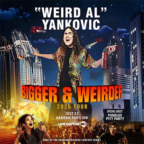 A poster for the “Bigger & Weirder” 2026 tour featuring Weird Al Yankovic, with bold text, city visuals, and a performer image on stage.