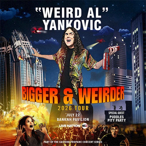 A poster for the &ldquo;Bigger & Weirder&rdquo; 2026 tour featuring Weird Al Yankovic, with bold text, city visuals, and a performer image on stage.