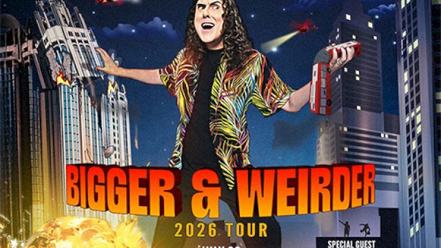 A poster for the “Bigger & Weirder” 2026 tour featuring Weird Al Yankovic, with bold text, city visuals, and a performer image on stage.