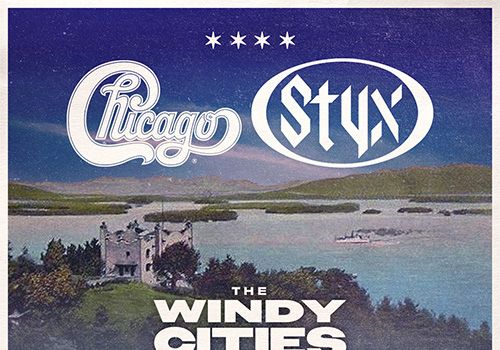 A vintage Chicago Style tour poster titled &ldquo;The Windy Cities Tour,&rdquo; with a scenic coastline, venue details, and bold white text ending with a period.