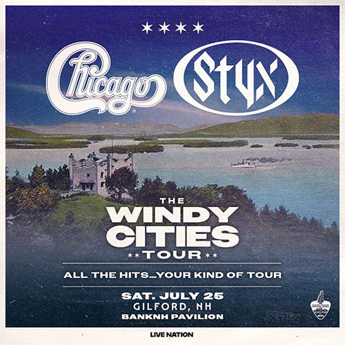 A vintage Chicago Style tour poster titled “The Windy Cities Tour,” with a scenic coastline, venue details, and bold white text ending with a period.
