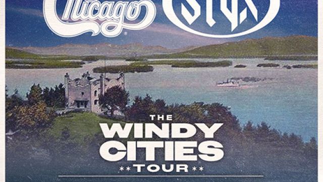 A vintage Chicago Style tour poster titled “The Windy Cities Tour,” with a scenic coastline, venue details, and bold white text ending with a period.