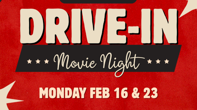 A red poster for a Drive-In Movie Night event by Mill Falls, with bold white text and film graphics.