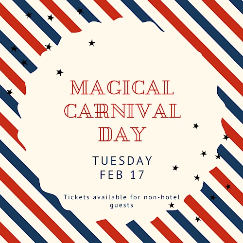 A magical carnival day poster with red, white, and blue diagonal stripes and star accents, announcing a February 17 event.