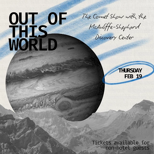 A promotional poster for an event called &ldquo;Out of This World,&rdquo; featuring a large planet circle over a mountain backdrop, with event details and a blue accent circle.