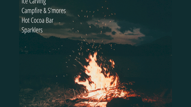 A poster for a Fire & Ice Day featuring a campfire scene, with activities like ice carving, s&rsquo;mores, hot cocoa, sparkles, and weekend dates.