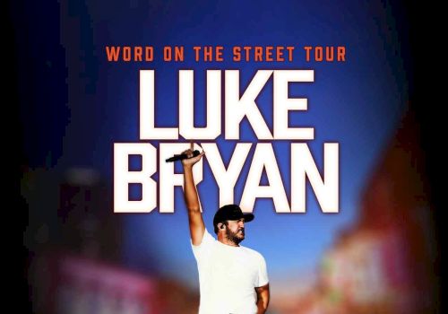 Luke Bryan concert poster: &ldquo;Word on the Street Tour&rdquo; featuring Luke Bryan raising a hat on stage. Ending with a period.