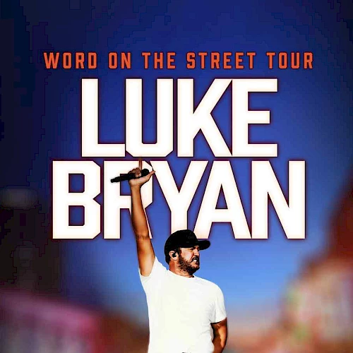 Luke Bryan concert poster: &ldquo;Word on the Street Tour&rdquo; featuring Luke Bryan raising a hat on stage. Ending with a period.